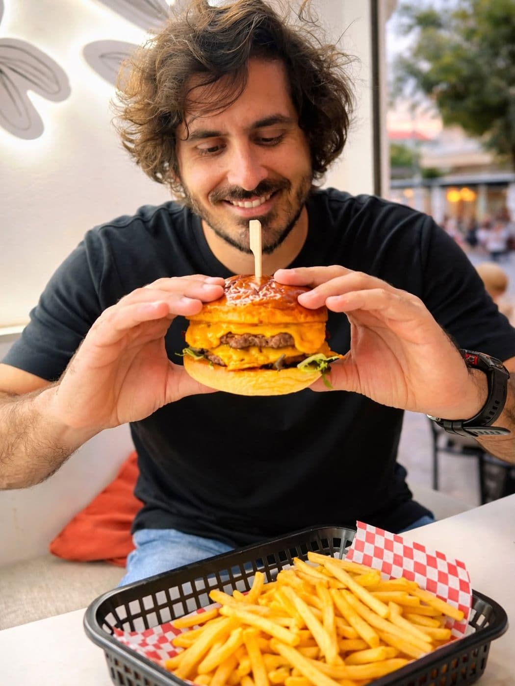 Cliente con una smash burger en la terraza